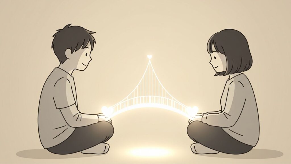男女が穏やかな表情で向かい合って座っている。二人の心の間には温かい光でできた橋が架かっており、言葉を超えた深いレベルでの心の繋がりと思いやりを象徴しているイラスト。