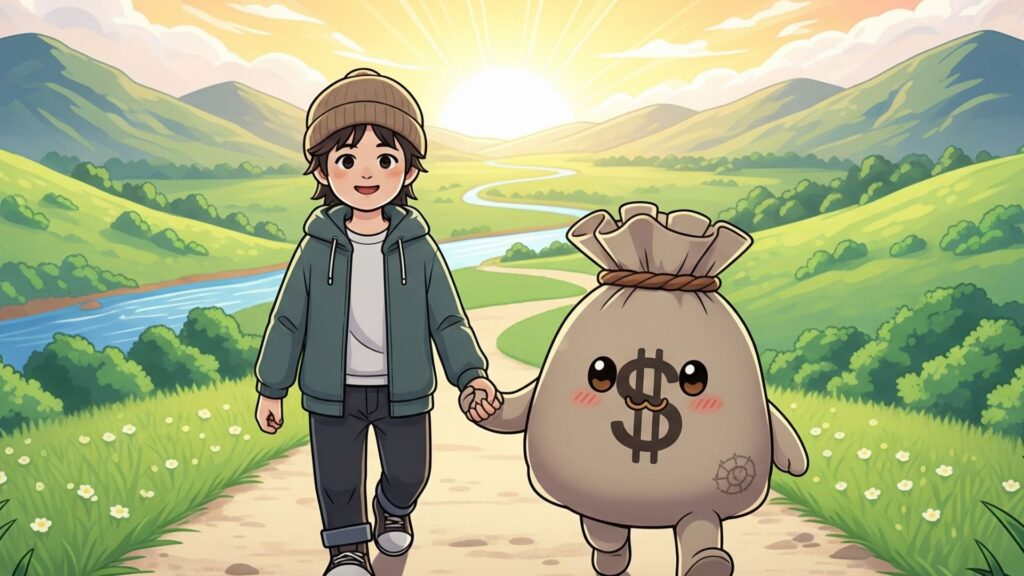 人とお金のキャラクターが手を取り合って、朝日が昇る穏やかな道を歩いているイラスト。