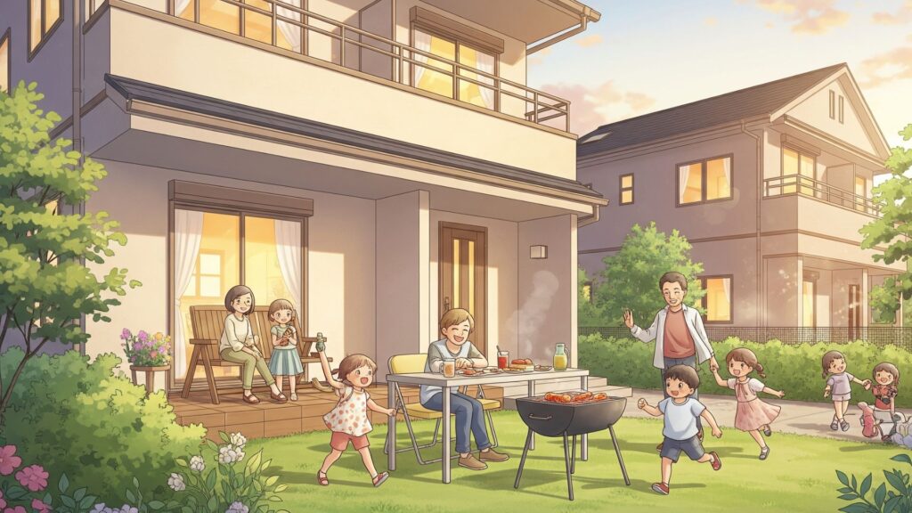 家が庭で幸せに過ごす家族を温かく見守っている様子のイラスト。
