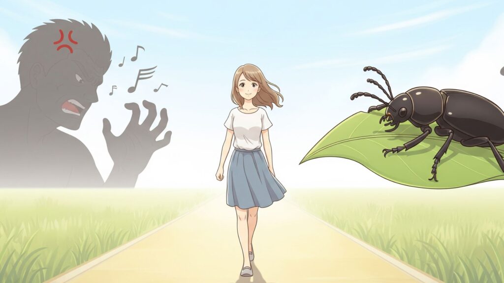 背後の喧騒を気にすることなく、晴れやかな表情で光の差す道を前へと歩いていく人物の後ろ姿を描いたイラスト。