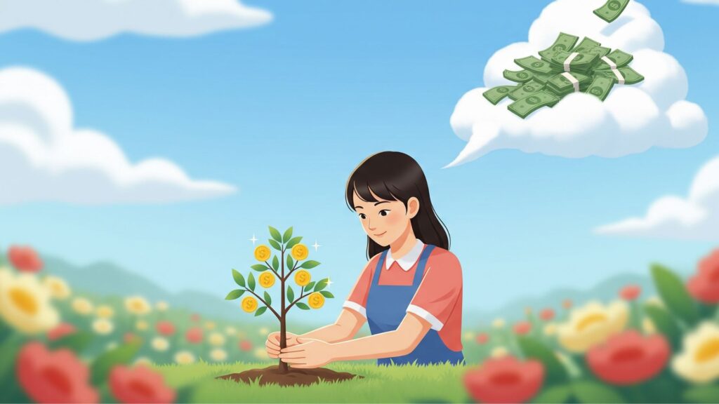 女性が庭で、コインが実る小さな木を丁寧に育てているイラスト。空には一攫千金の夢を象徴する雲が浮かんでいるが、女性はそれに惑わされず、自分の木に集中している。地に足のついた努力の重要性を示している。