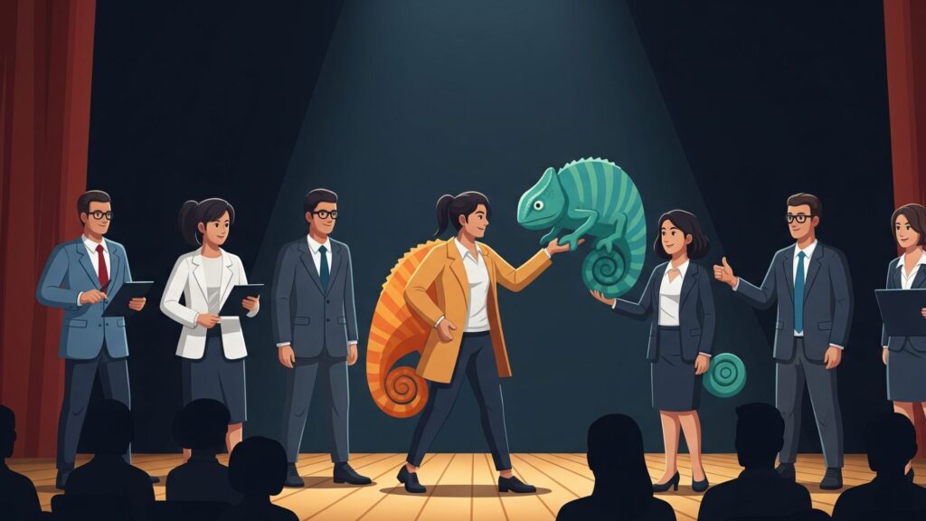 舞台で状況に合わせて演じる人物のイラスト