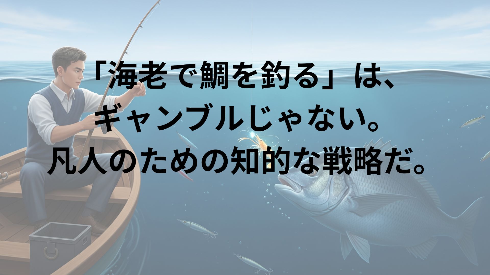 「海老で鯛を釣る」ということわざをテーマにした象徴的なイラスト。一人の人物が小さなボートから釣り糸を垂らしており、その先には光り輝く小さな海老が餌として付けられている。水中では、その小さな海老に、巨大な鯛が強く引き寄せられている様子が描かれている。知恵と戦略を使い、小さな元手で大きな成果を得るというコンセプトを視覚的に表現している。