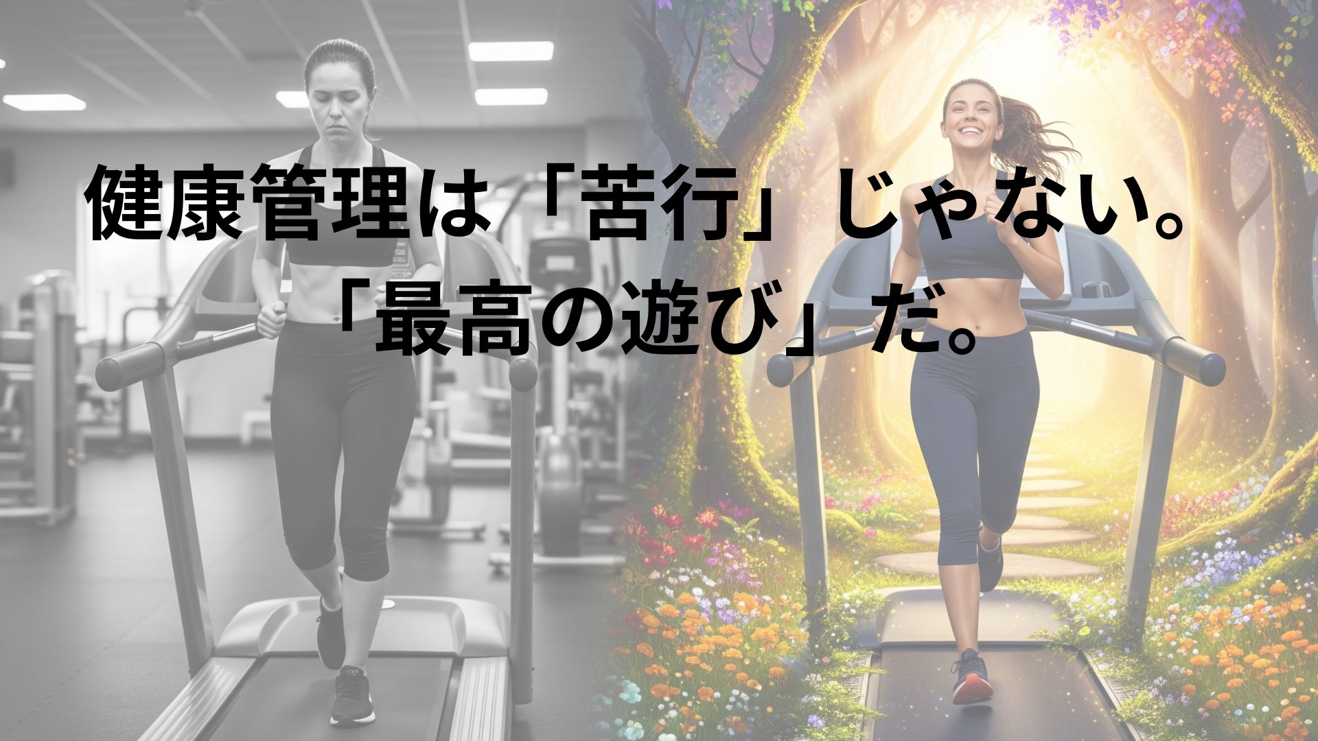 「好きこそ物の上手なれ」をテーマにした象徴的な画像。画面が左右に分かれており、左半分はモノクロで、女性が退屈な表情でジムのランニングマシンで走っている。対照的に右半分は鮮やかなカラーで、ランニングマシンが美しい自然の道に変わり、同じ女性が楽しそうな表情で走っている。つらい義務としての健康法を、楽しい遊びに変えるというコンセプトを視覚的に表現している。