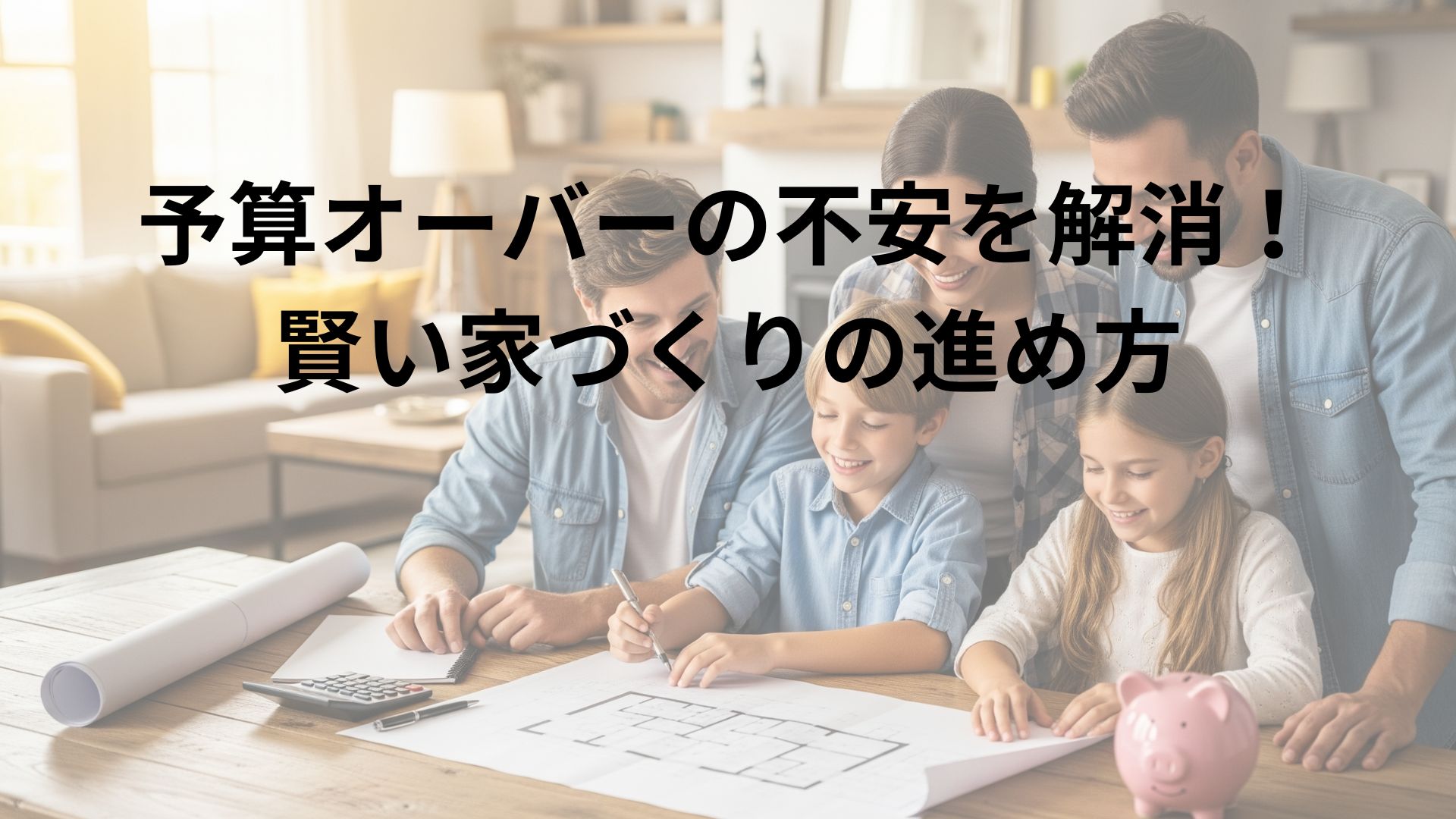 リビングのテーブルで、両親と子供二人が家の設計図をのぞき込み、楽しそうに話し合っている。テーブルの上には電卓と豚の貯金箱が置かれており、家づくりの資金計画を立てている様子がうかがえる。