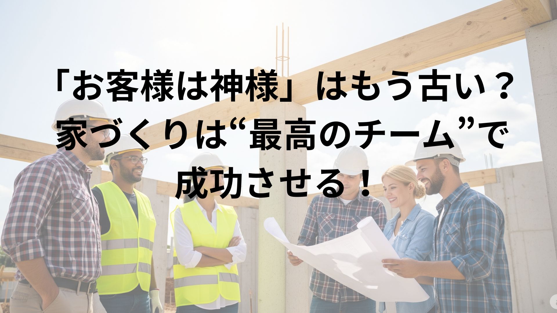 家づくりの現場で、施主と建築チームが設計図を見ながら楽しそうに話し合っている画像。