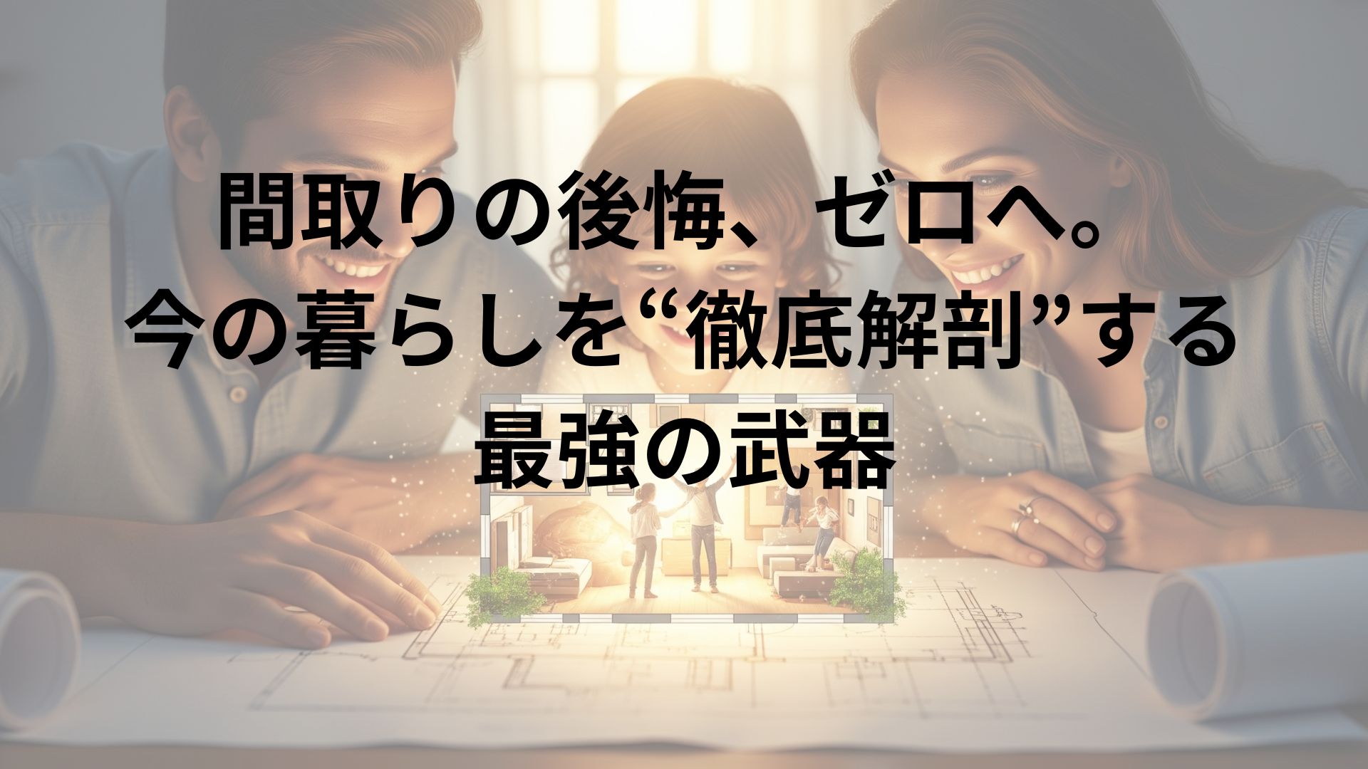 家族が家の間取り図を囲み、そこから浮かび上がる未来の家のイメージを幸せそうに眺めている様子。