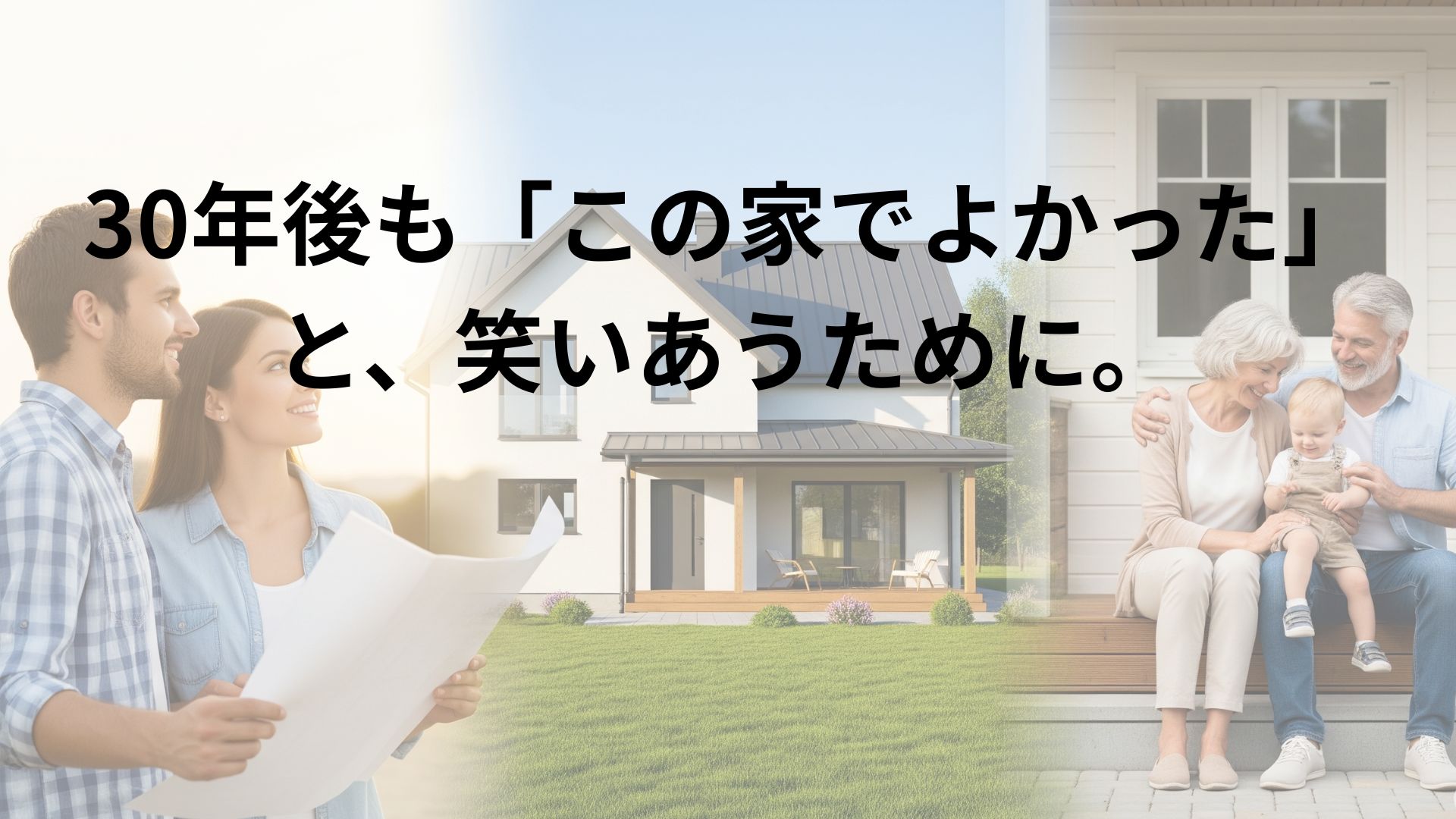 時の流れを表現した合成画像。左側では若い夫婦が設計図を手に希望の表情で家を見つめ、右側では年を重ねた同じ夫婦が孫を抱いて家のポーチで幸せそうに微笑んでいる。中央には時の試練に耐えた美しい家が建ち、長期的な計画がもたらす未来の安心感を象徴している。
