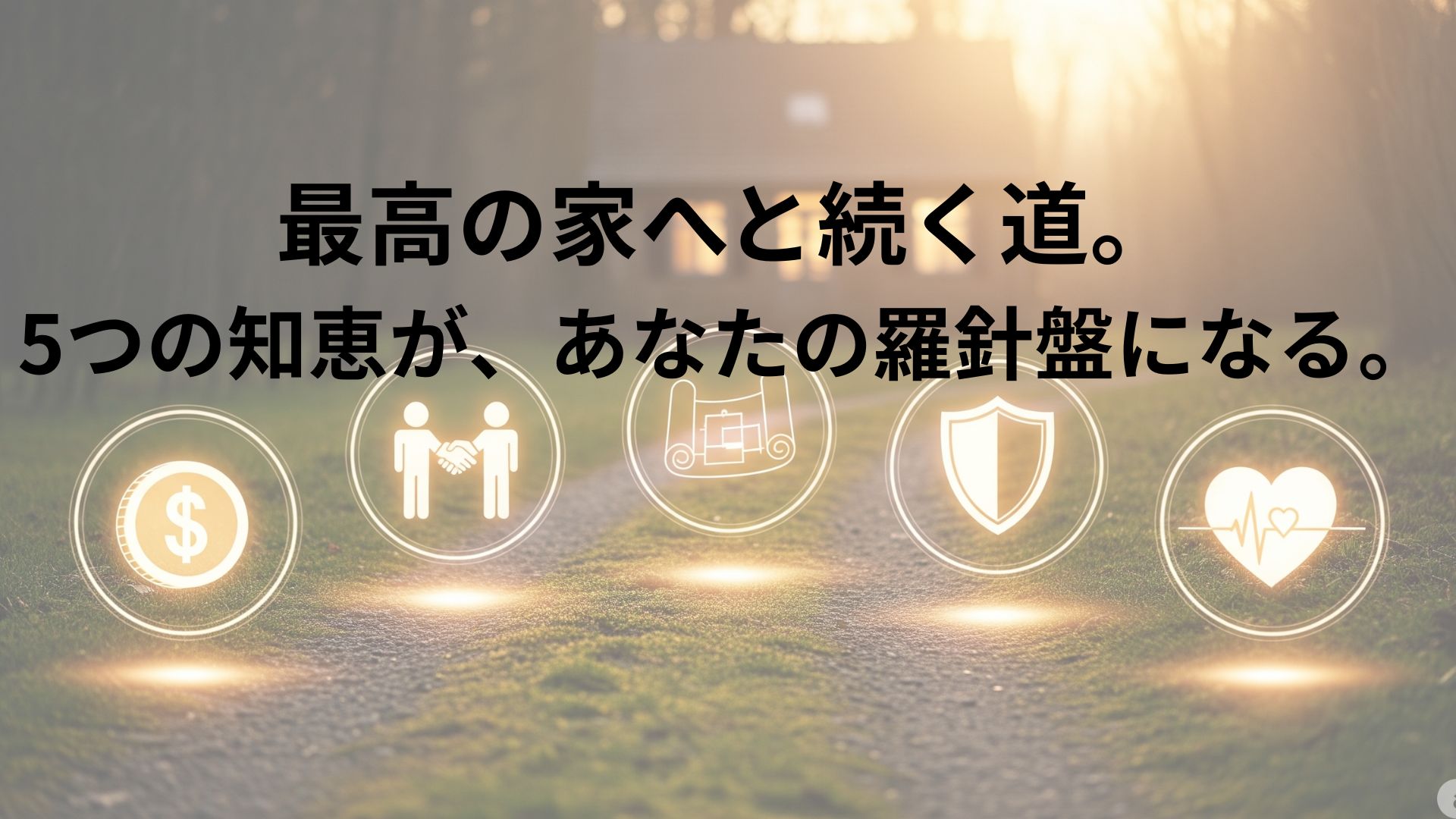 森の小道の先に、暖かい光が灯る一軒家が佇んでいる。手前の道には、「資金（コイン）」「チーム（握手）」「間取り（設計図）」「備え（盾）」「暮らし（ハート）」を象徴する5つのアイコンが優しく輝き、家づくり成功への道のりを幻想的に表現している。