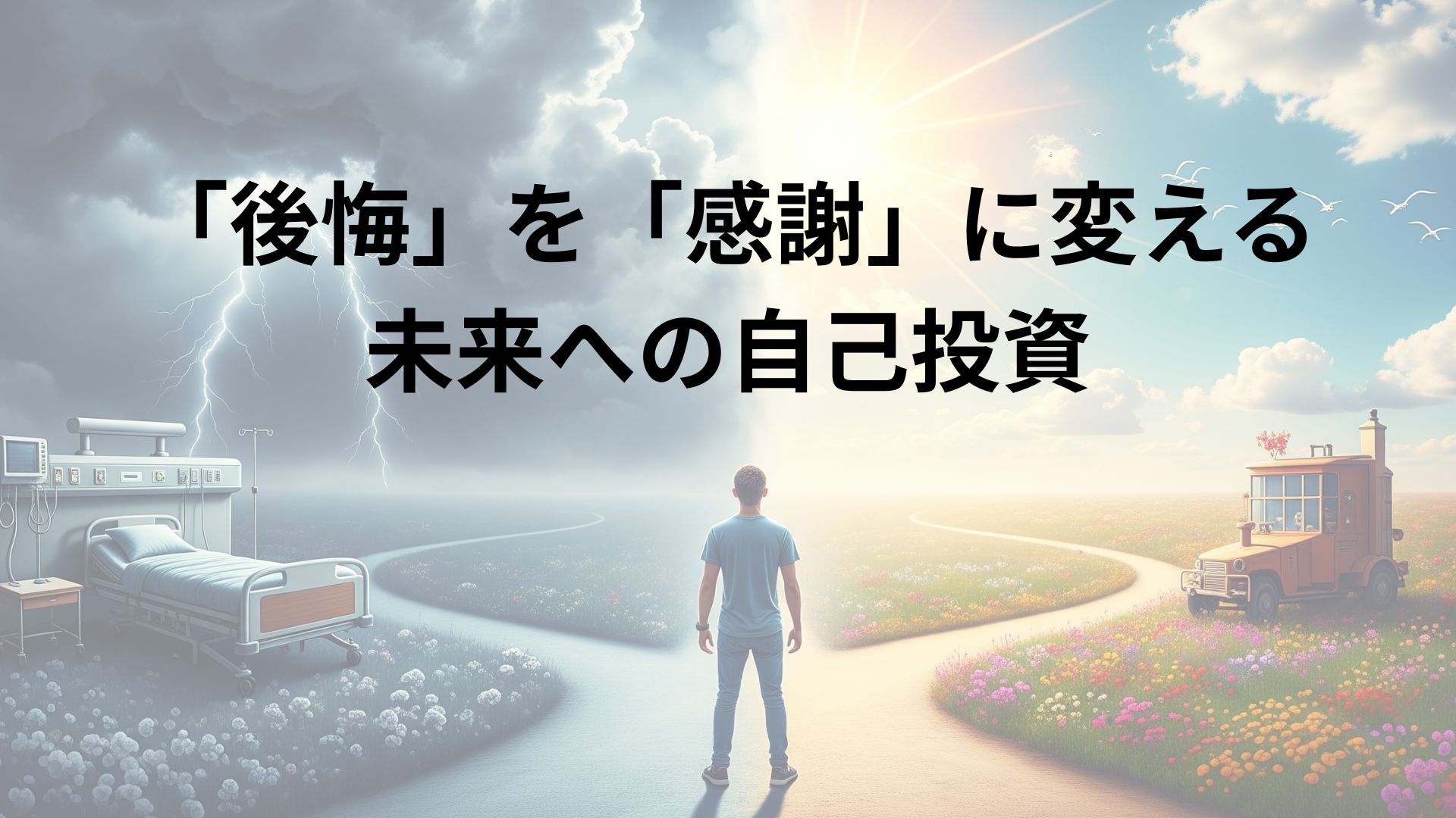 未来の選択を象徴する画像。分かれ道に立つ人物の目の前には、左に雷が鳴る暗い病室へと続く道、右に太陽が輝く健康的な未来へと続く道が広がっている。