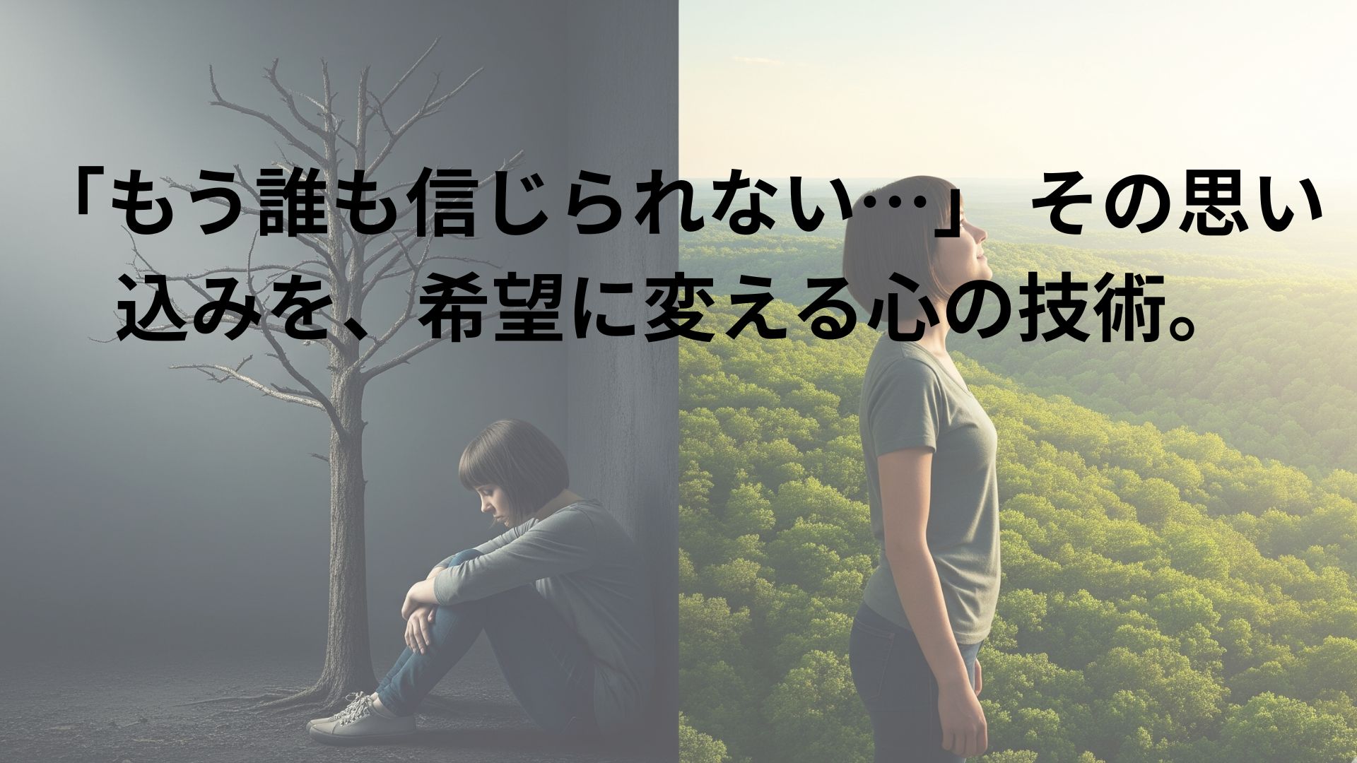 「木を見て森を見ず」という思考のクセを表現したイラスト。左側では、暗く閉鎖的な空間で一人の人物が一本の枯れ木のそばでうずくまり絶望しているが、右側では、同じ人物が顔を上げ、広大で美しい緑の森と朝日を希望に満ちた表情で見つめている。絶望的な視点から、希望に満ちた広い視野へと変化する心の様子を象徴している。