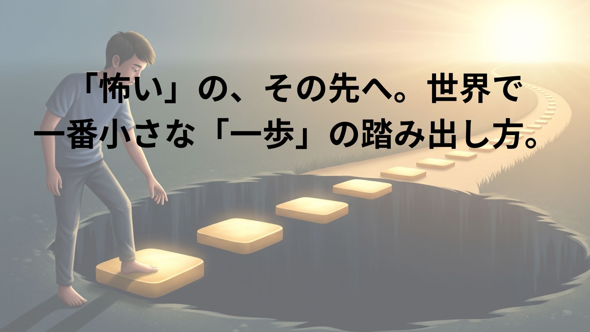 暗く深い谷間の手前に立つ一人の人物が、その先に続く太陽のように明るい光へと向かう、輝く飛び石の道へ、勇気を出して最初の小さな一歩を慎重に踏み出そうとしているイラスト。「千里の道も一歩から」ということわざのように、人間関係への恐怖を乗り越えるための希望に満ちた第一歩を象徴している。
