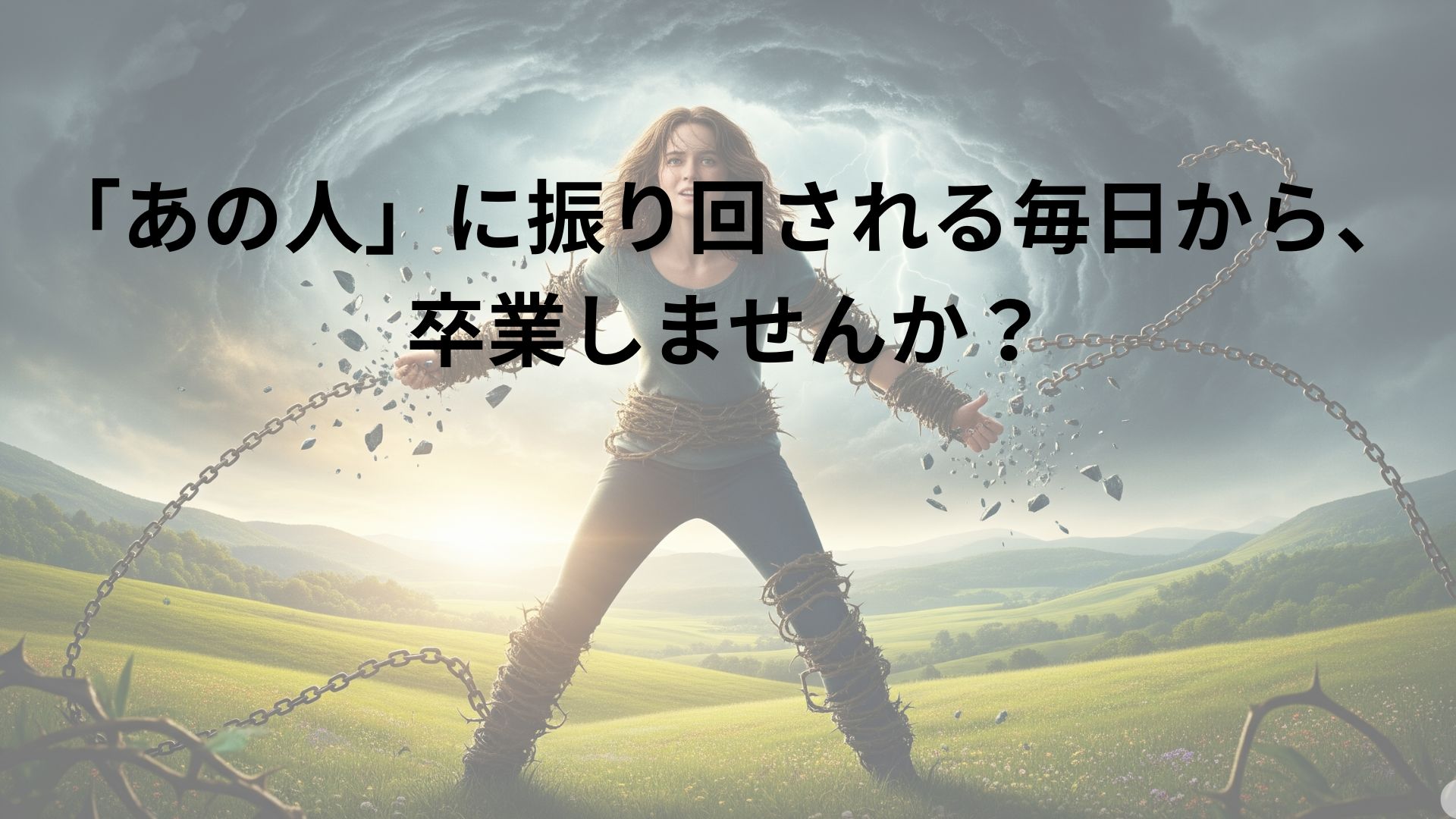 厄介な人間関係を象徴するイバラの鎖を断ち切り、晴れやかな表情を浮かべる人物。暗く混沌とした背景に背を向け、明るく平穏な未来に向かって歩き出す様子。精神的な解放と前向きな再出発を象徴している。