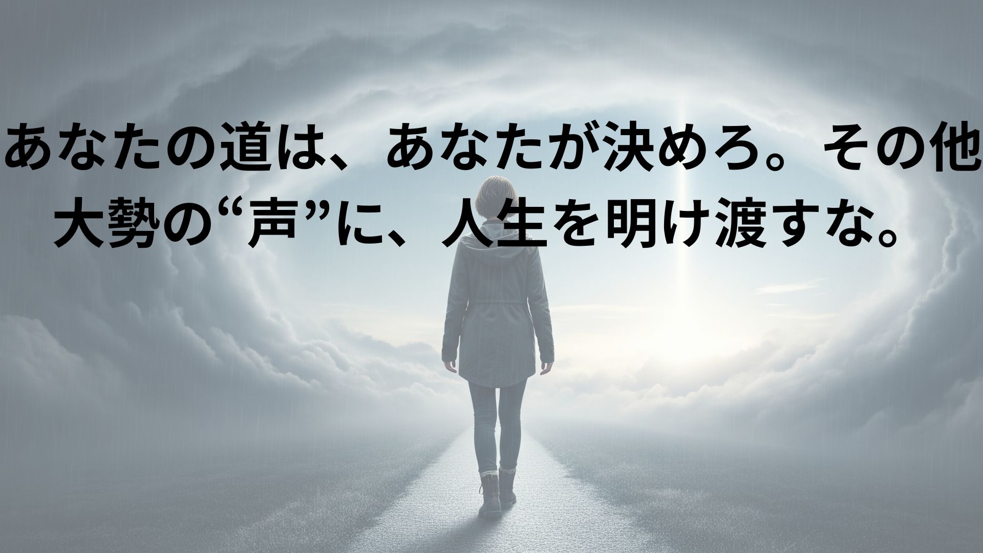 一人の人物が、嵐のような荒れた風景の中にまっすぐ伸びる光の道を、迷わずに力強く歩いている。周囲の喧騒をものともせず、前方の明るい空に向かって進んでおり、強い意志と内面の静けさを感じさせる。