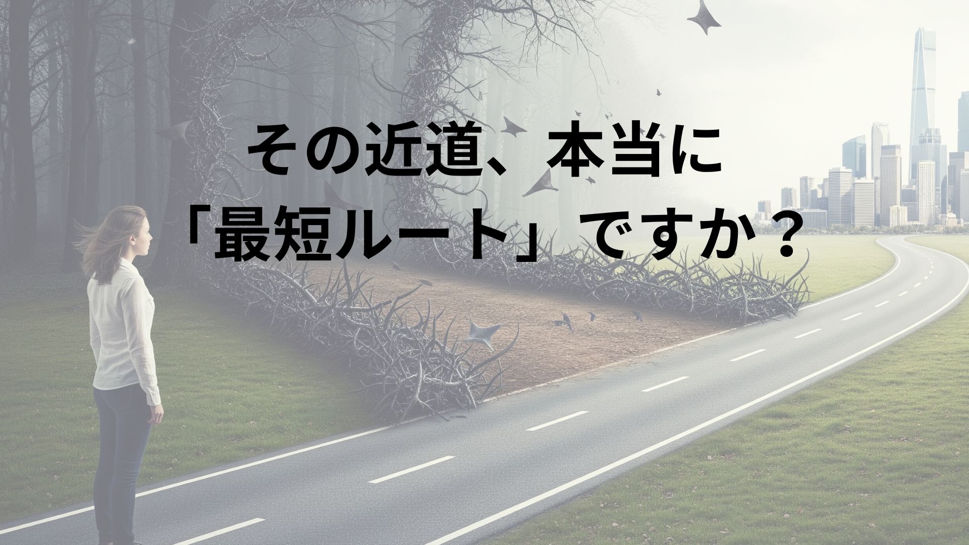 「急がば回れ」をテーマにした象徴的な画像。一人の女性が分かれ道に立っている。片方は暗い森へと続く、いばらが絡まる危険な近道。もう一方は、遠回りに見えるが、明るい近代的な街へと続く、安全に舗装された道が描かれている。