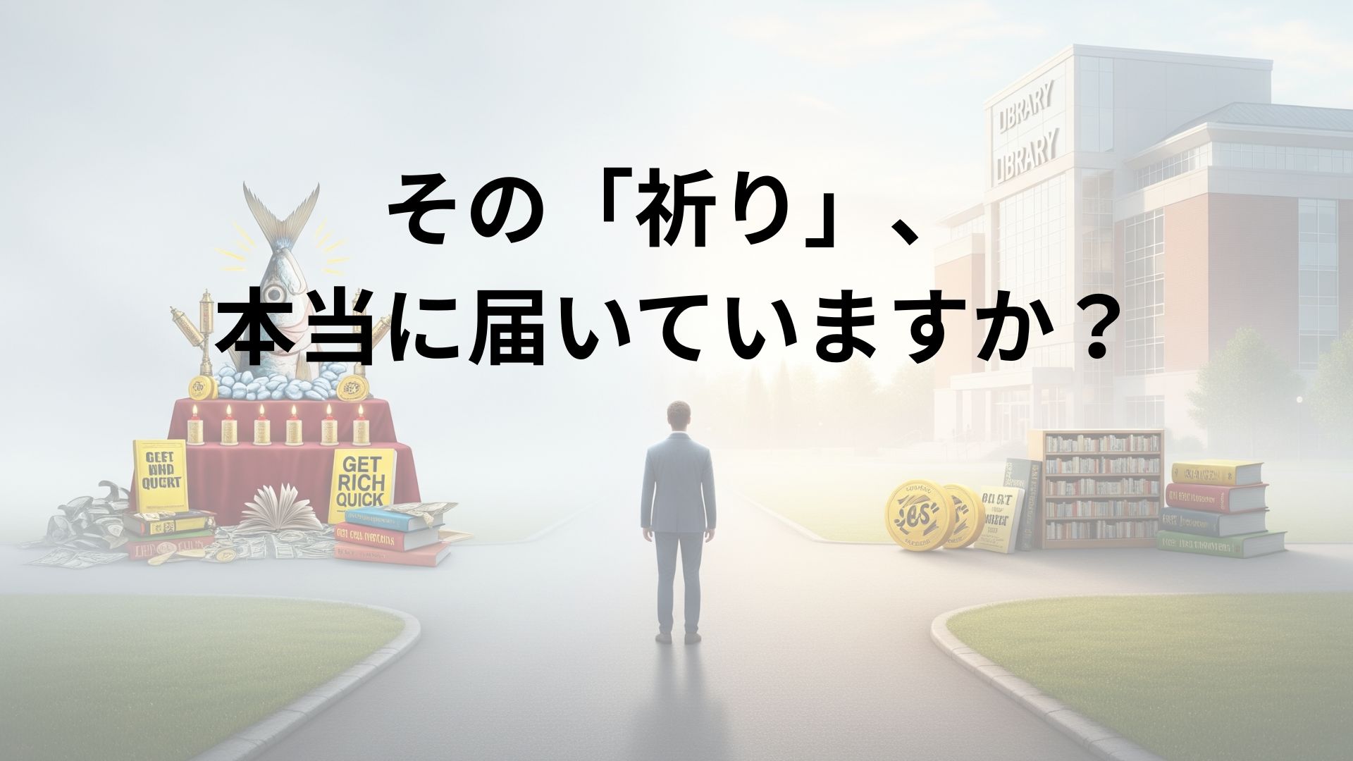 「鰯の頭も信心から」をテーマにした象徴的な画像。一人の男性が分かれ道の中央に立っている。左の道は霧がかっており、その先には「鰯の頭」が祀られた祭壇と、「GET RICH QUICK」と書かれた怪しい本が置かれている。右の道は明るく晴れており、その先には知識を象徴する立派な図書館と専門書が積まれている。盲目的な信仰と、確かな知識への投資の選択を表現している。