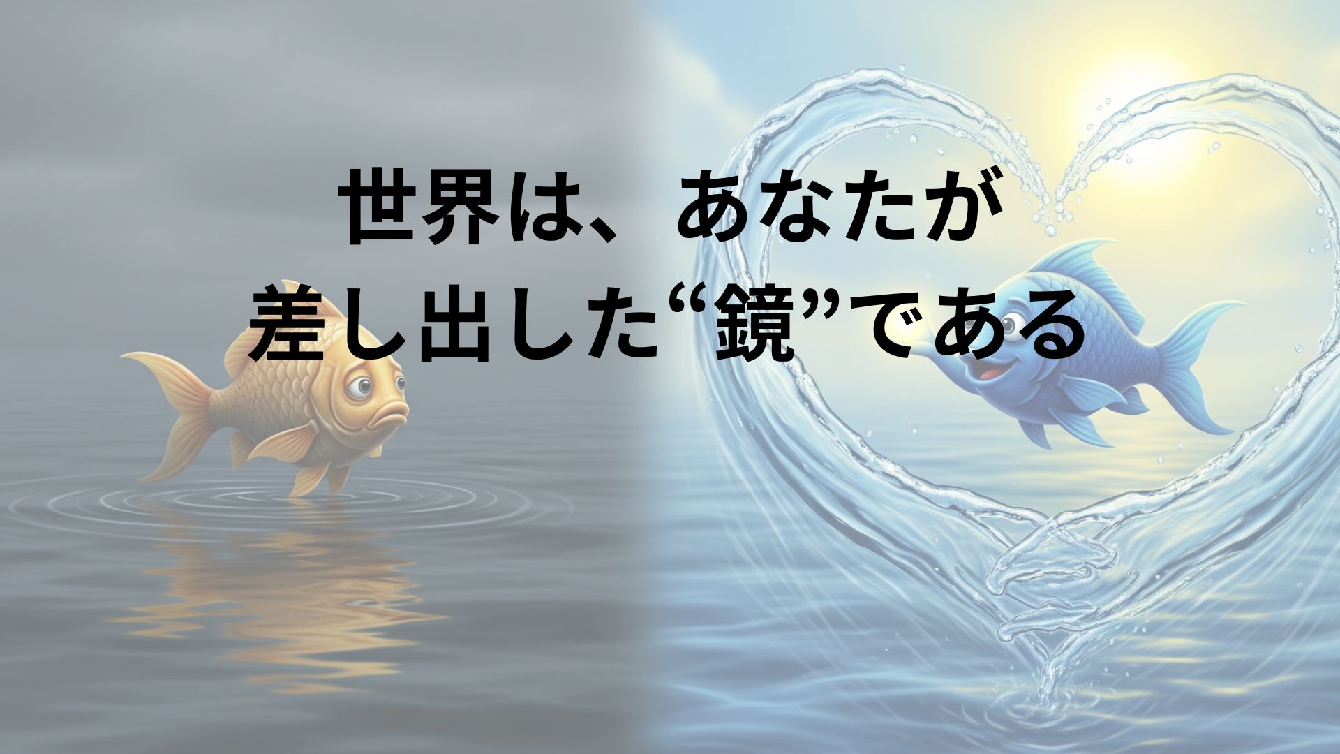 「魚心あれば水心」をテーマにした象-徴的な画像。画面が左右に分かれており、左側では暗く静かな水の中で一匹の魚が孤独に浮かんでいる。右側では、別の魚が自ら小さな光を放っており、その周りの水が温かく、ハートのような形で優しく包み込んでいる。自ら好意を示すことの大切さを視覚的に表現している。