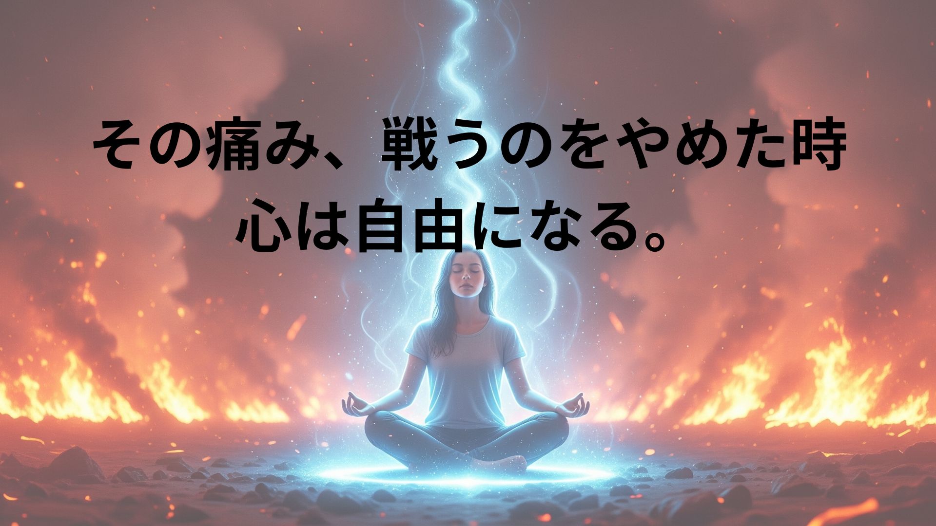 「心頭滅却すれば火もまた涼し」をテーマにした象徴的な画像。燃え盛る炎に囲まれた中心で、一人の人物が穏やかに瞑想している。その人物からは涼しげな青い光が放たれ、周りの炎を押し返し、安全で平穏な空間を作り出している。外部の混乱（痛みやストレス）の中でも、心の平穏を保つことの重要性を視覚的に表現している。
