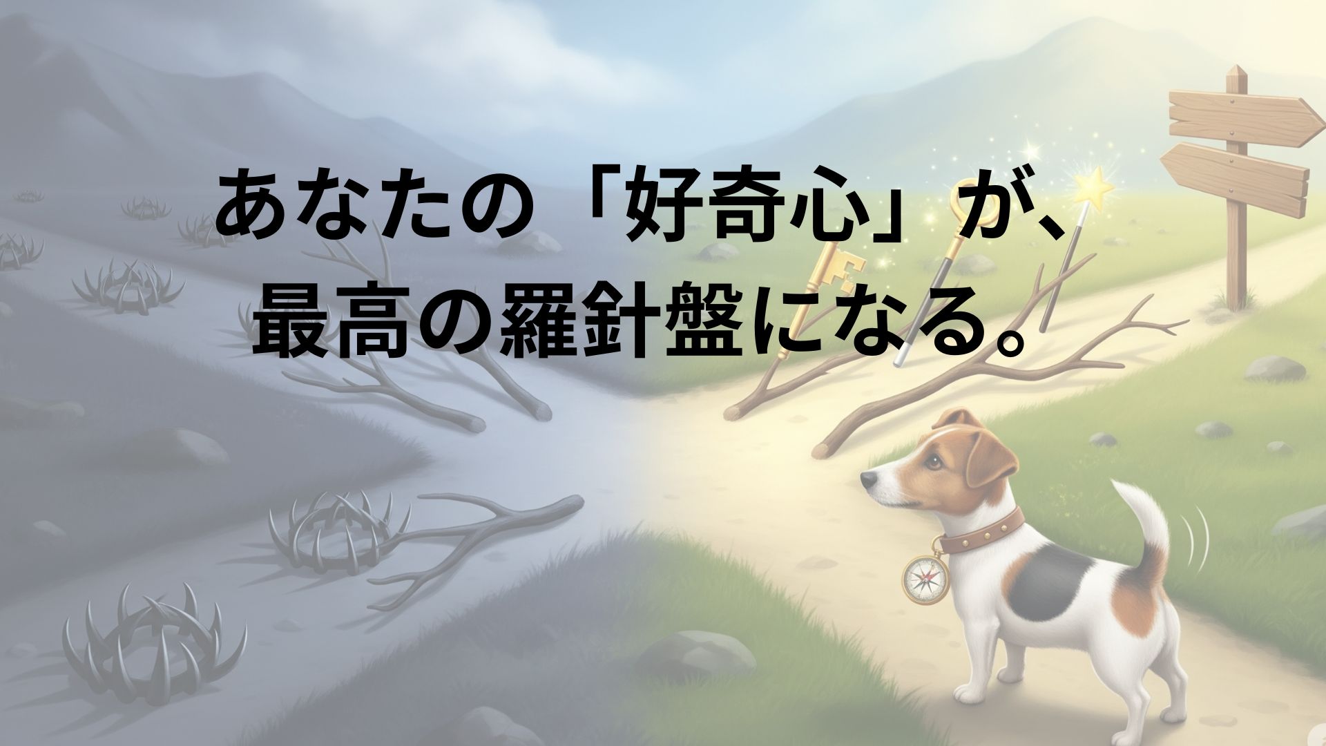 「犬も歩けば棒に当たる」をテーマにした象徴的な画像。首に羅針盤をつけた一匹の犬が分かれ道に立っている。左の道は暗く、地面に落ちている棒は罠のように不吉に見える。対照的に右の道は明るく、地面の棒は金の鍵や魔法の杖、道標といった幸運のアイテムに変わっている。犬は明るい道を選択しようとしており、賢い選択が幸運を呼ぶことを視覚的に表現している。