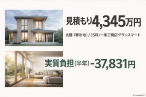 一条工務店グランスマート35坪（北陸・寒冷地）の建築費見積もり4,345万円と、半年実測の実質負担−37,831円を示すスライド
