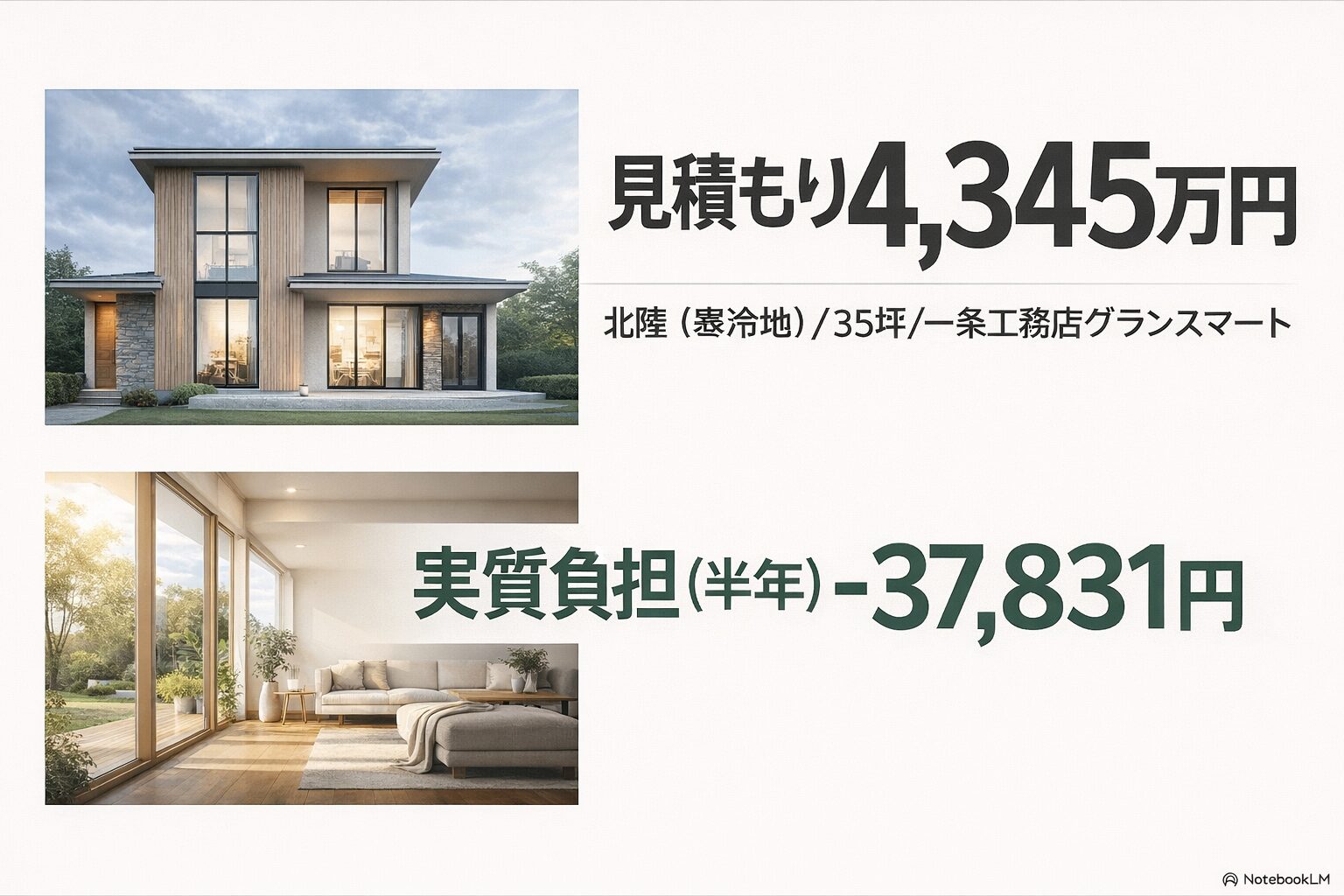 一条工務店グランスマート35坪（北陸・寒冷地）の建築費見積もり4,345万円と、半年実測の実質負担−37,831円を示すスライド