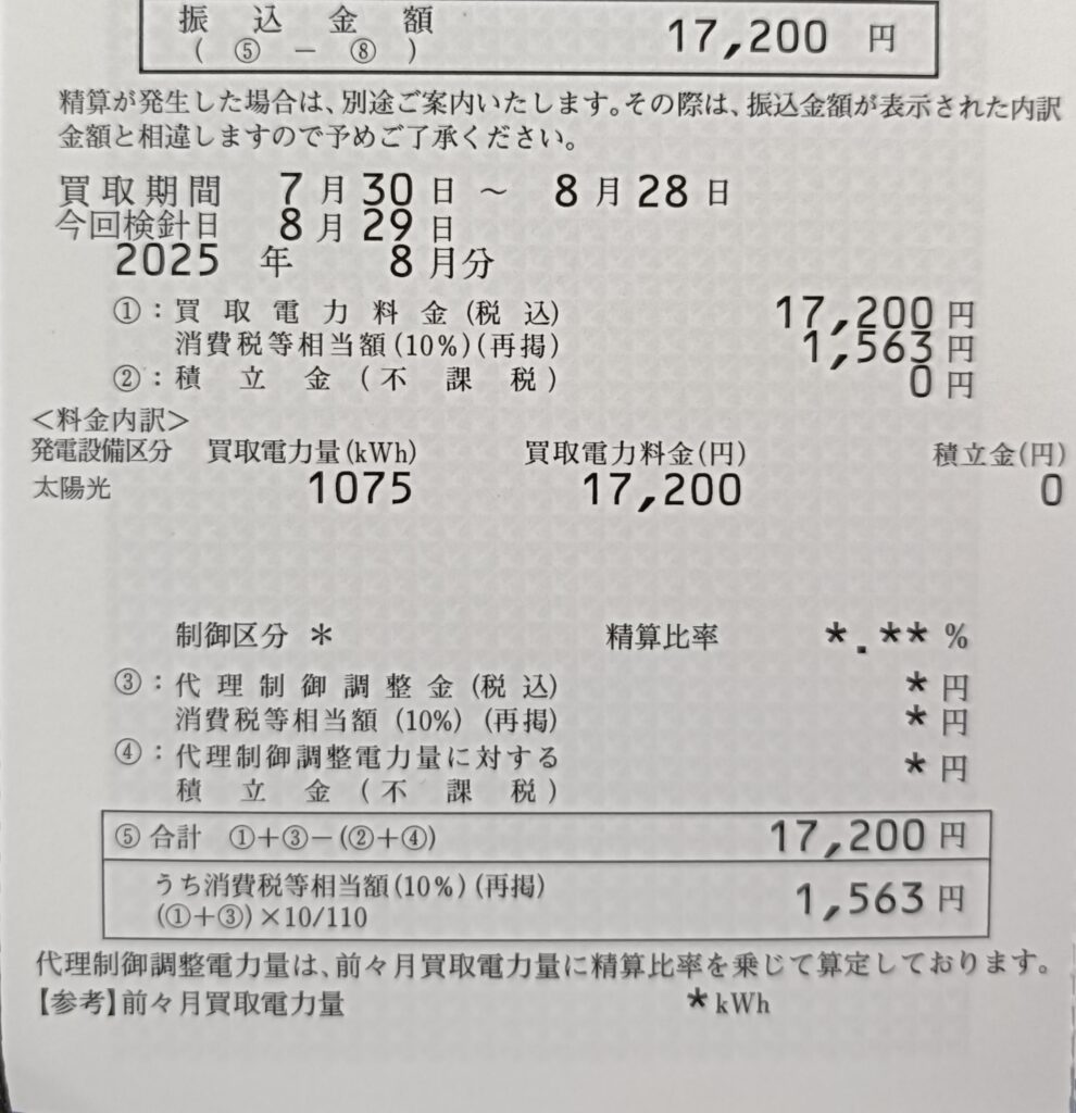 2025年8月分の太陽光発電売電明細。発電量は1,075kWh、売電金額は17,200円