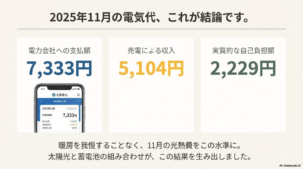 2025年11月の電気代まとめ。支払額7,333円、売電収入5,104円、実質負担2,229円のサマリー