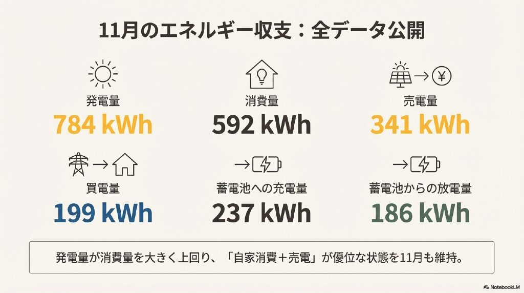2025年11月のエネルギー収支データ。発電784kWh、消費592kWh、売電341kWh、買電199kWh、蓄電池充電237kWh、放電186kWh。