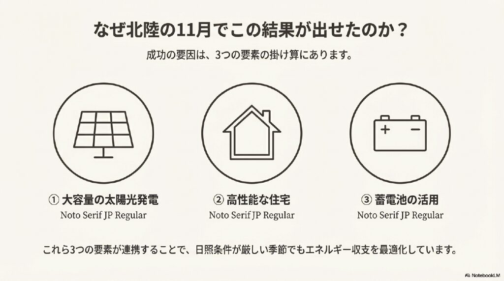 北陸の11月でも好結果を支えた3つの要因。大容量太陽光、高性能住宅、蓄電池活用をアイコンで解説した図。