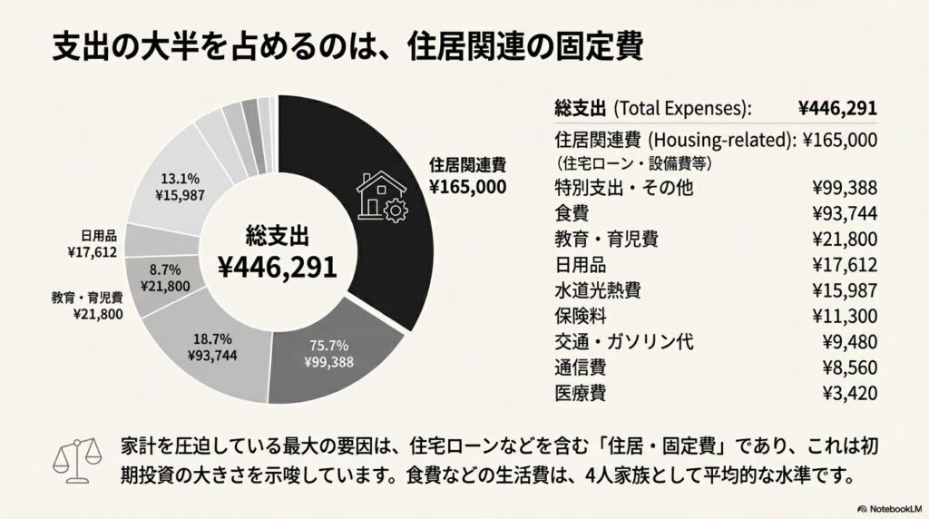 2025年11月の家計簿における支出内訳と住居関連費の割合