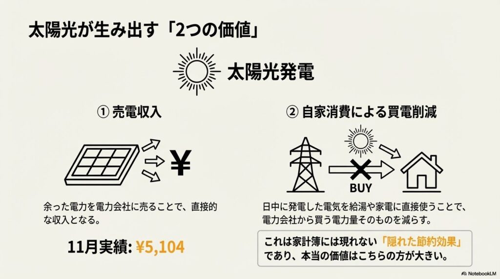 太陽光発電が生み出す売電収入と自家消費による電気代削減の2つの価値