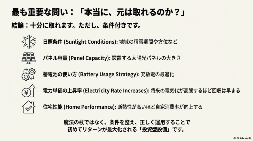 太陽光発電と蓄電池の投資回収に影響する条件の整理