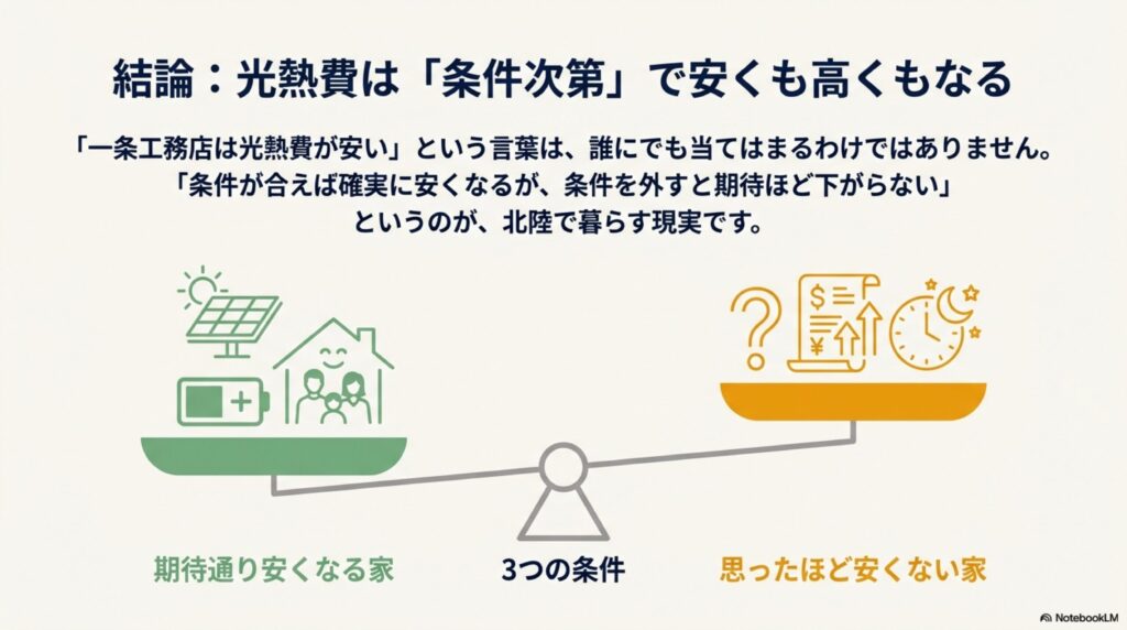 一条工務店の光熱費は条件次第で安くも高くもなることを示す図