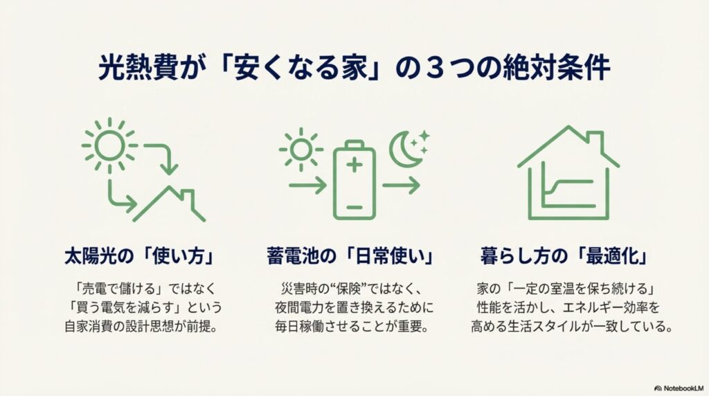 光熱費が安くなる家の3つの条件 太陽光 蓄電池 暮らし方