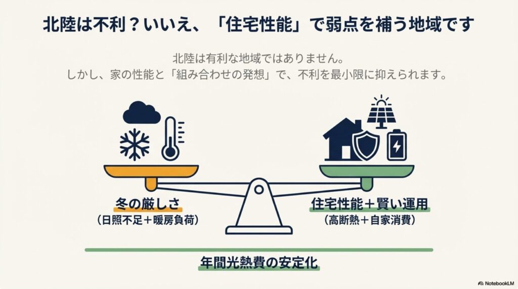 北陸の不利さは住宅性能と運用で補えることを示す図