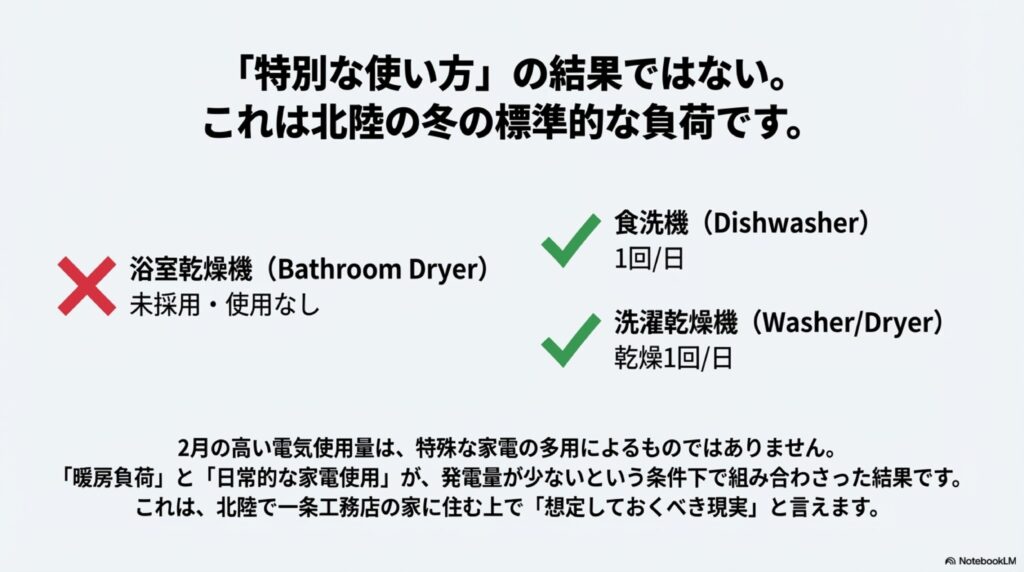浴室乾燥は未使用で、日常的な家電使用のみであることを示す図