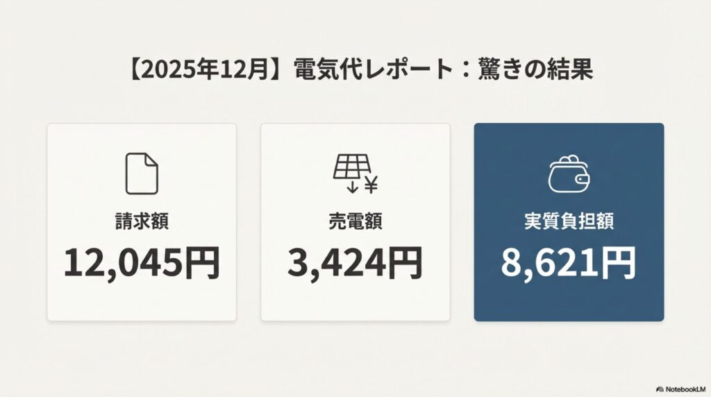 2025年12月の電気代内訳（請求額12,045円・売電3,424円・実質8,621円）
