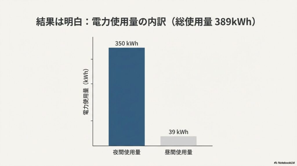 2025年12月の電力使用量内訳（夜間350kWh・昼間39kWh）