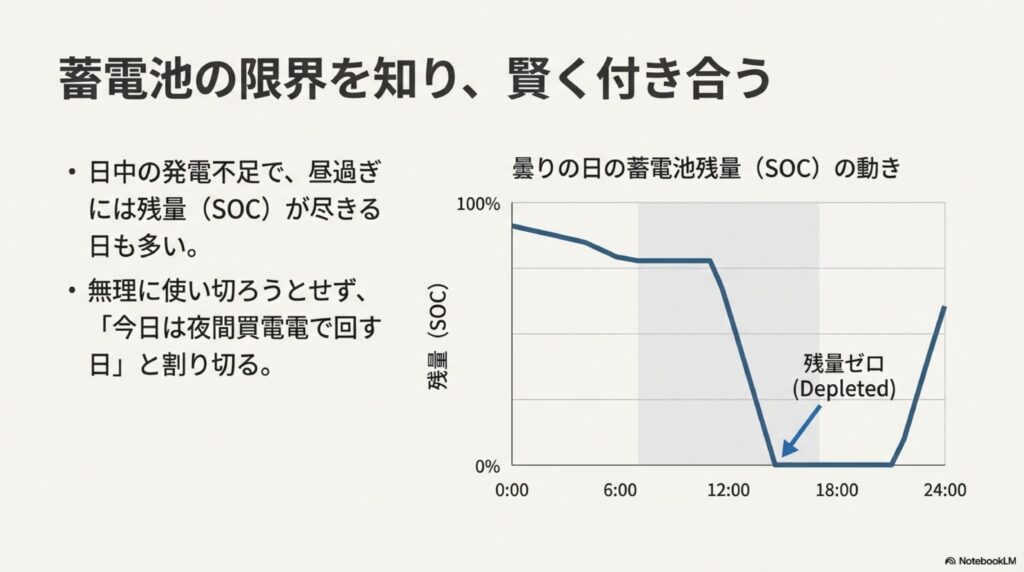曇天日における蓄電池残量（SOC）の推移と枯渇タイミング