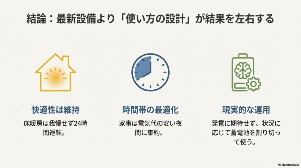 設備よりも使い方の設計が電気代に影響するという結論