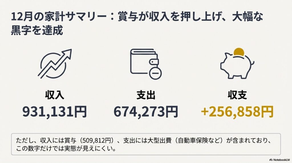 2025年12月の家計サマリー(収入931,131円/支出674,273円/収支+256,858円)