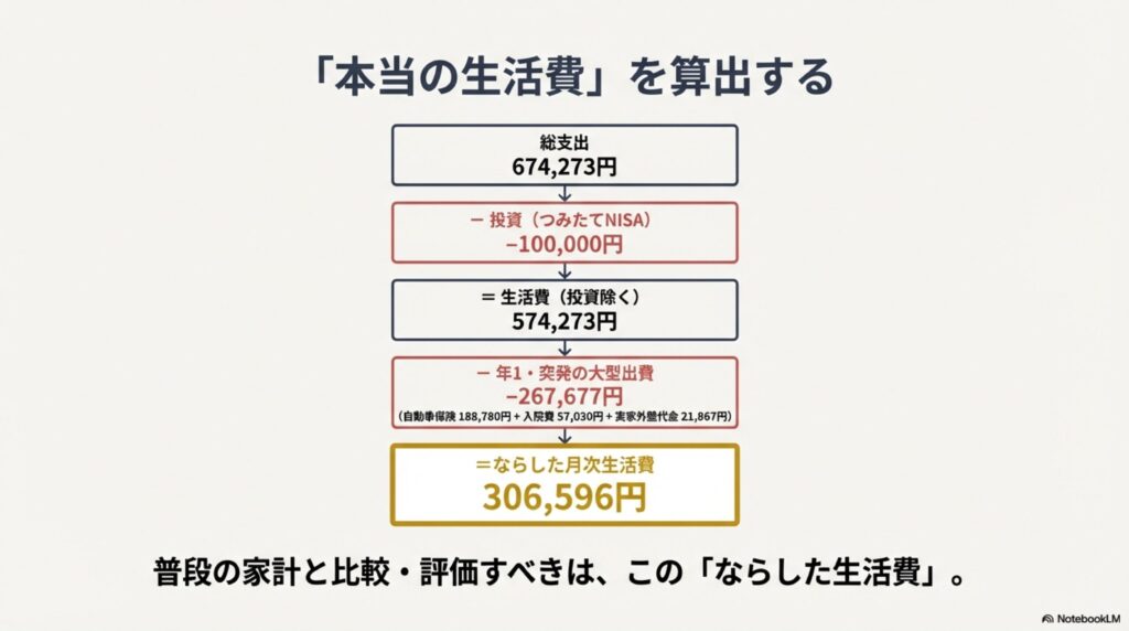 総支出から投資と突発の大型出費を除き、ならした月次生活費を算出する図