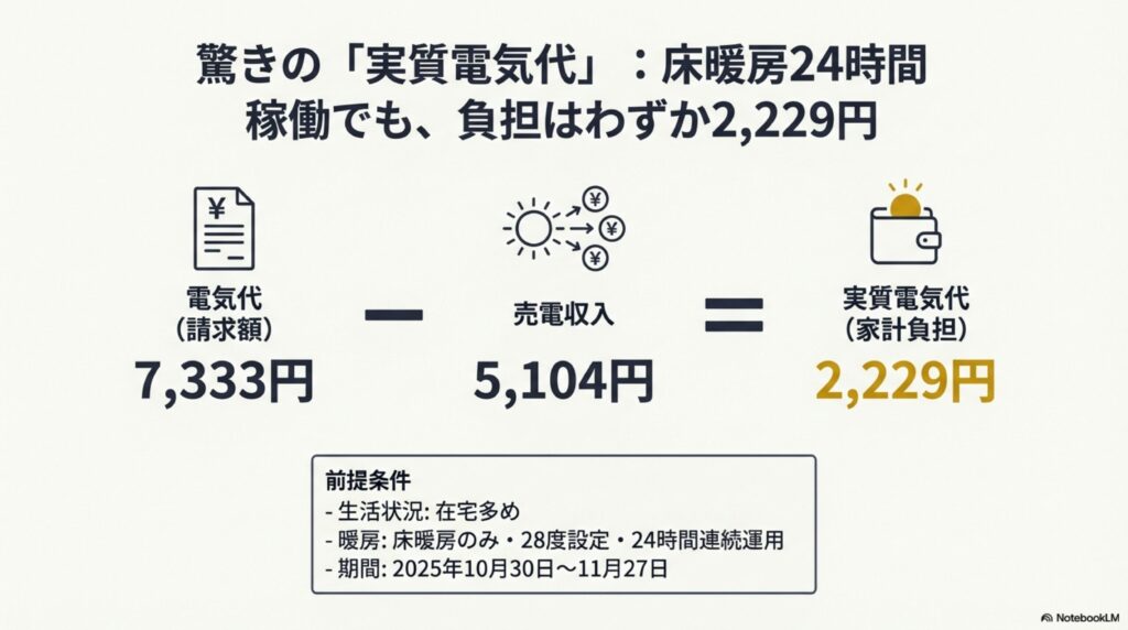 電気代7,333円−売電5,104円=実質電気代2,229円(床暖房24時間・在宅多め)