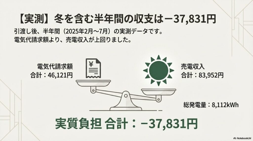 引渡し後半年（2025年2〜7月）の実測で、請求46,121円・売電83,952円・実質負担合計−37,831円・発電8,112kWhを示す図