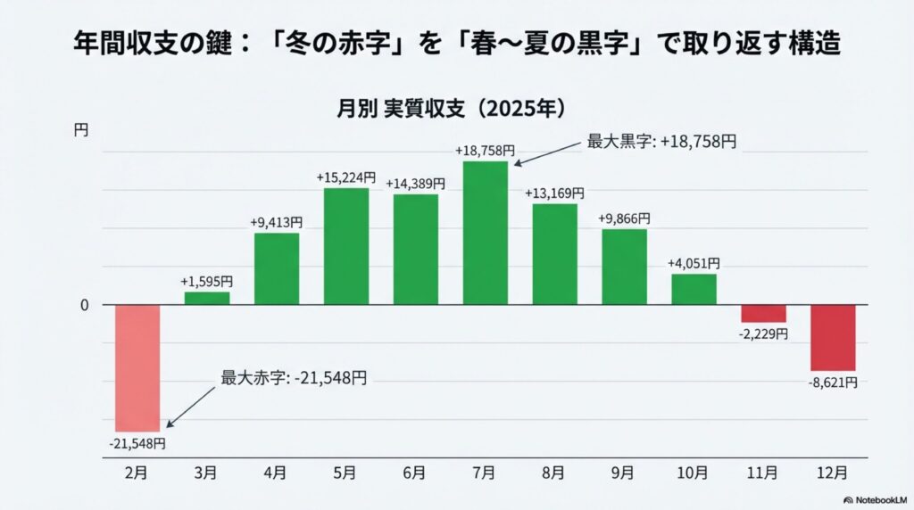 2025年2〜12月の月別実質収支（売電−買電）。冬は赤字、春〜夏は黒字で取り返す推移