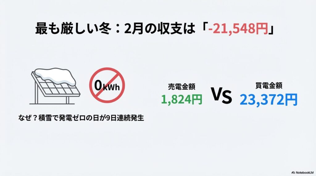 最も厳しい冬：2月の実質収支は-21,548円。積雪で発電ゼロの日が9日連続した例