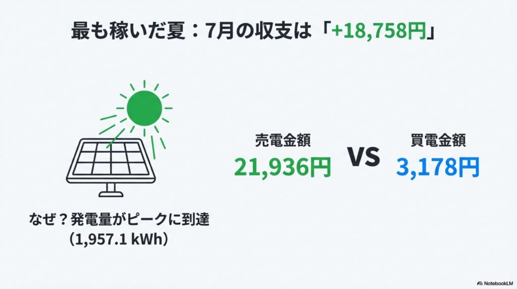 最も稼いだ夏：7月の実質収支は+18,758円。発電量がピーク（1,957.1kWh）に到達した例
