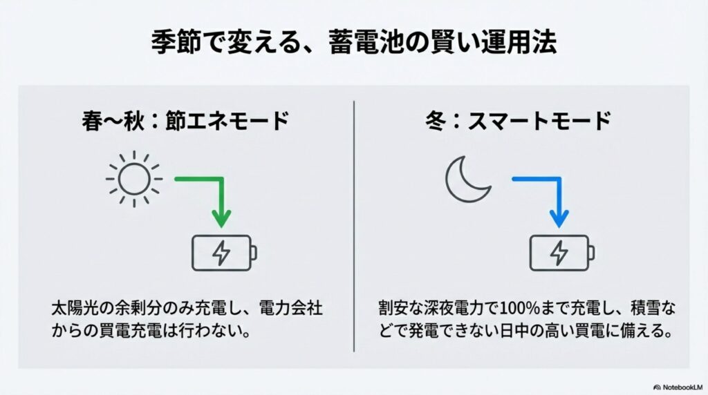 蓄電池の運用切替。春〜秋は節エネモード（買電充電なし）、冬はスマートモード（深夜電力で100%まで充電）