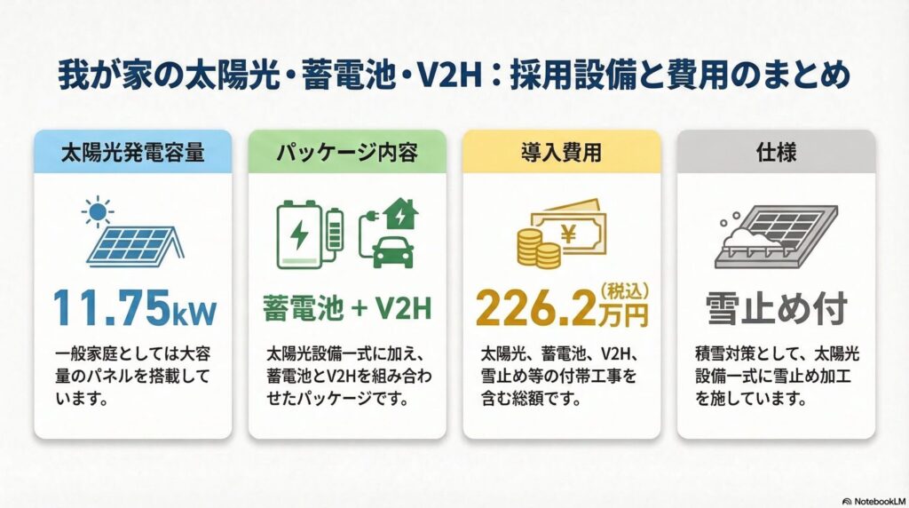 我が家の一次情報をまとめた図解。太陽光＆蓄電池パッケージ＋V2Hを採用し、太陽光容量は11.75kW、費用は2,262,000円、雪止め付の太陽光設備一式であることを示している。
